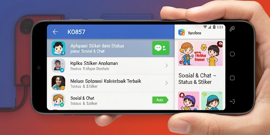 Antarmuka aplikasi KO857 dengan stiker menarik dan status kreatif.